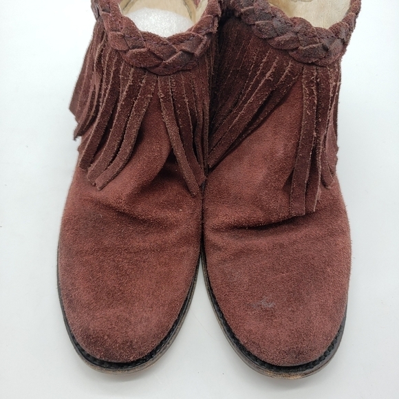 FREEBIRD women US 8 burgundy mules braid fringe suede stacked block heel leather - Picture 6 of 13